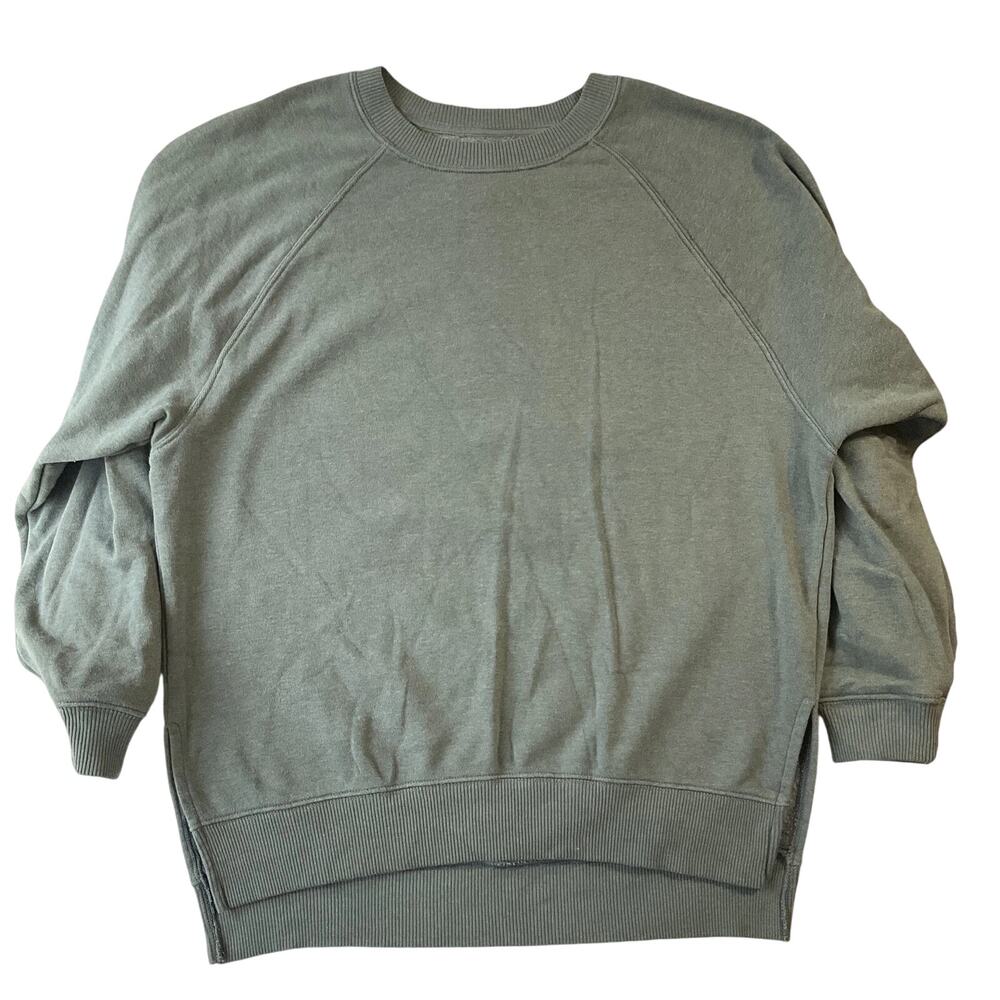 American Eagle Women Sweatshirt S/P/CH Green Fleece Long Sleeve Crew Neck Slits